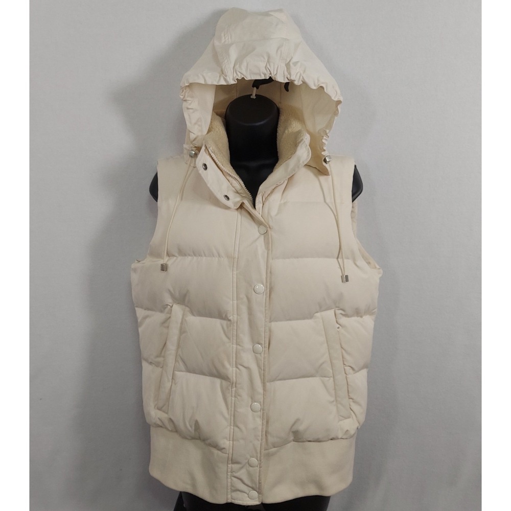 Banana Republic Womens Down Puffer Vest Ivory Hooded Sherpa Collar Quilted L